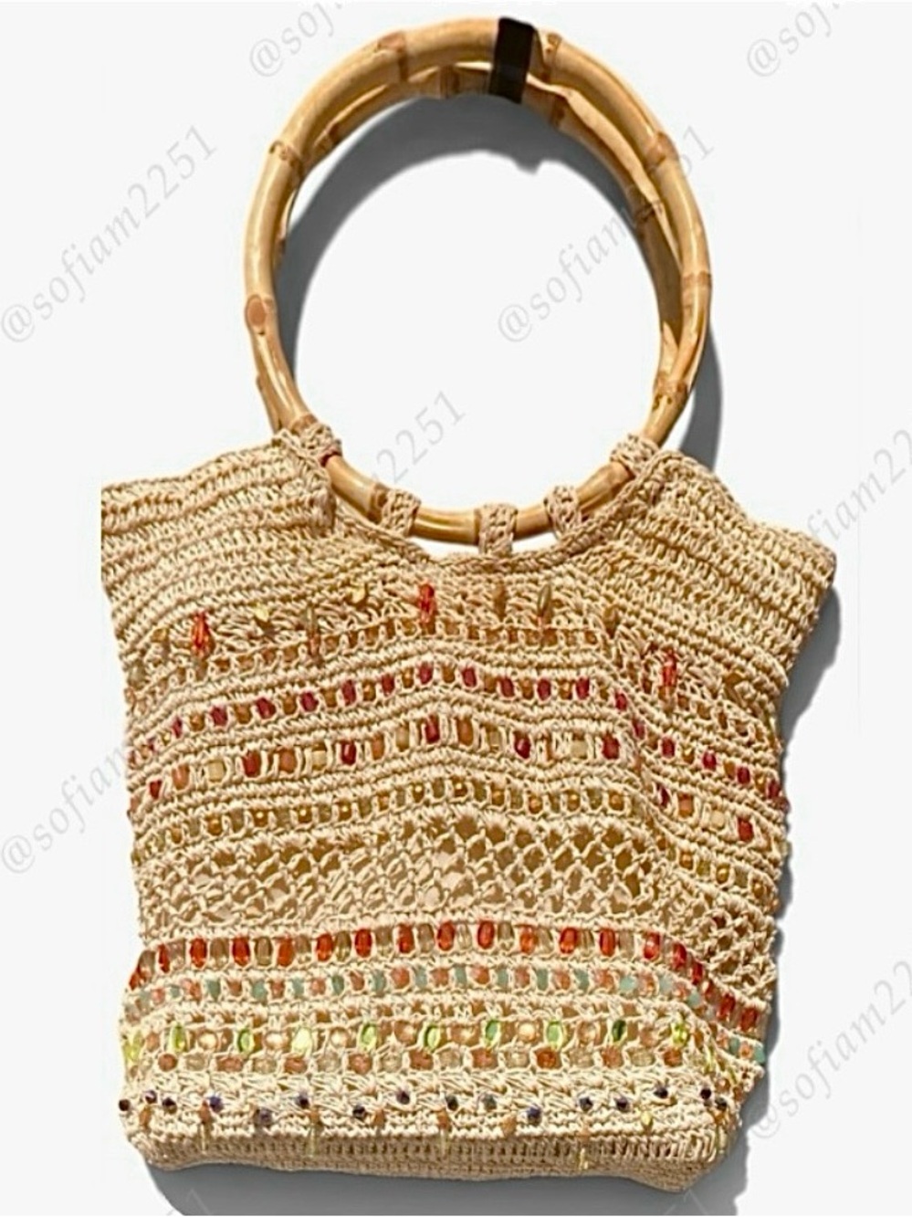 VTG Cappelli Straworld Bamboo Ring Woven Macramé Straw Handbag LIKE NEW!